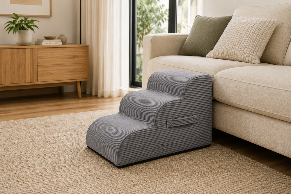 Aveland Pet Stairs beside a sofa in a home living room