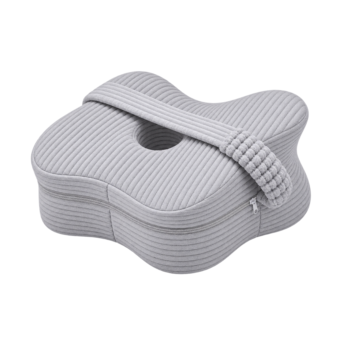 Aveland Butterfly Knee Pillow — product card, heather-grey ribbed knit contoured side-sleeper pillow on a clean background