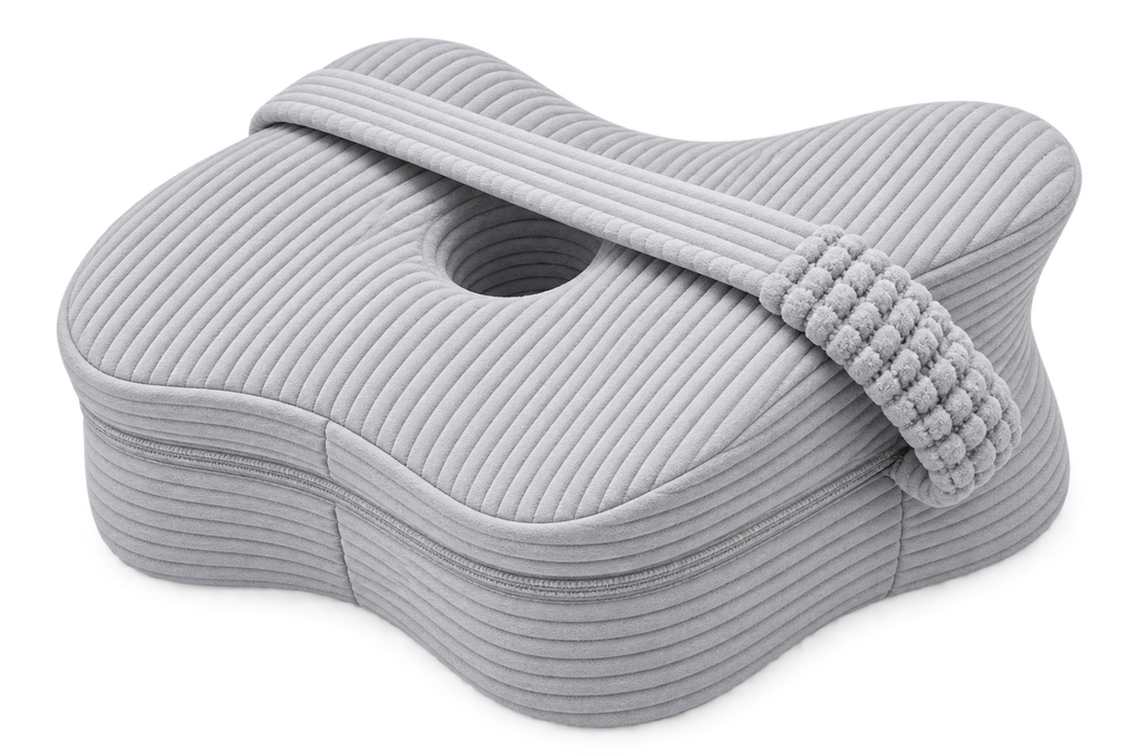 Aveland Butterfly Knee Pillow in heather grey ribbed knit — contoured side-sleeper shape with elastic retention strap, shown on a clean background