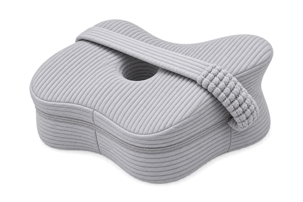 Aveland Butterfly Knee Pillow in heather grey ribbed knit — contoured side-sleeper shape with elastic retention strap, on a clean background