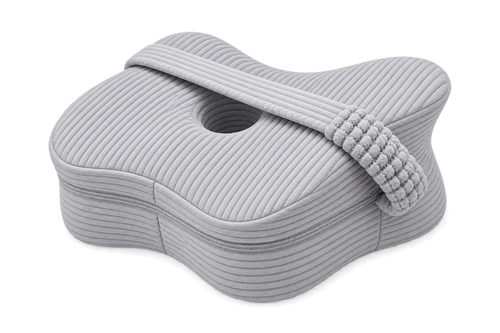Aveland Butterfly Knee Pillow in heather grey ribbed knit — contoured side-sleeper shape with elastic retention strap, on a clean background