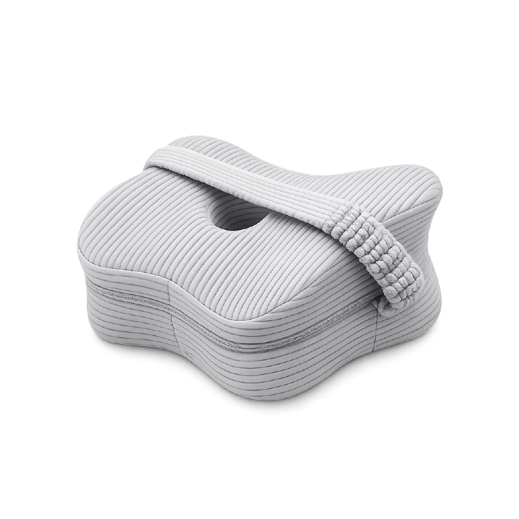 Aveland Butterfly Knee Pillow in heather grey ribbed knit, showing the contoured shape and elastic retention strap