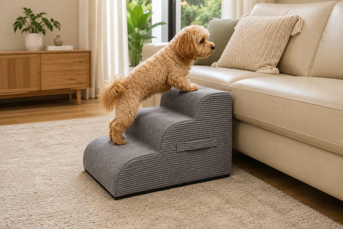 Dog climbing Aveland Pet Stairs to reach a sofa