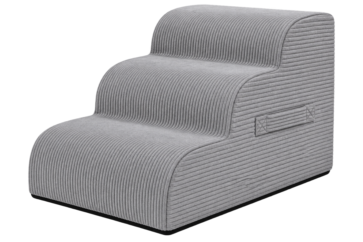 Aveland Pet Stairs — grey 3-step foam pet stairs, front view