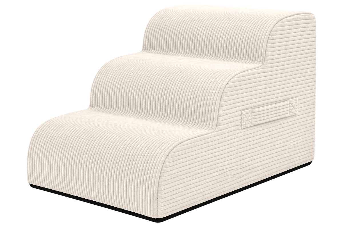 Aveland Pet Stairs — beige 3-step foam pet stairs, front view