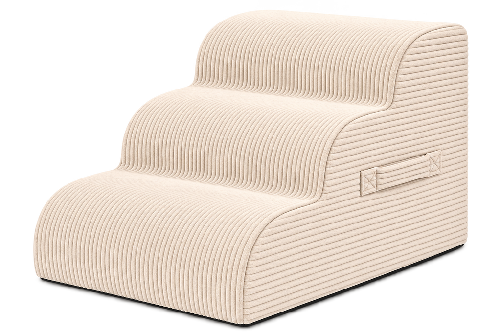 Aveland Pet Stairs — beige 3-step foam pet stairs with removable corduroy cover, front three-quarter view on a clean background