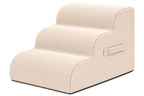 Aveland Pet Stairs — beige 3-step foam pet stairs with removable corduroy cover, front three-quarter view on a clean background