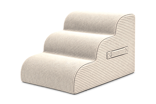 Aveland Pet Stairs — beige 3-step foam pet stairs with removable corduroy cover, front three-quarter view on a clean background