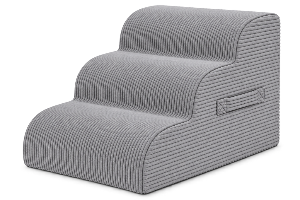 Aveland Pet Stairs — grey 3-step foam pet stairs with removable corduroy cover, front three-quarter view on a clean background