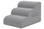 Aveland Pet Stairs — grey 3-step foam pet stairs with removable corduroy cover, front three-quarter view on a clean background