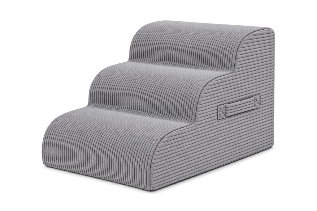 Aveland Pet Stairs — grey 3-step foam pet stairs with removable corduroy cover, front three-quarter view on a clean background