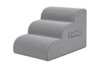 Aveland Pet Stairs — grey 3-step foam pet stairs with removable corduroy cover, front three-quarter view on a clean background