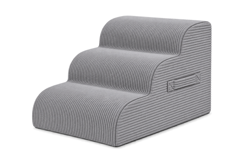 Aveland Pet Stairs — grey 3-step foam pet stairs with removable corduroy cover, front three-quarter view on a clean background