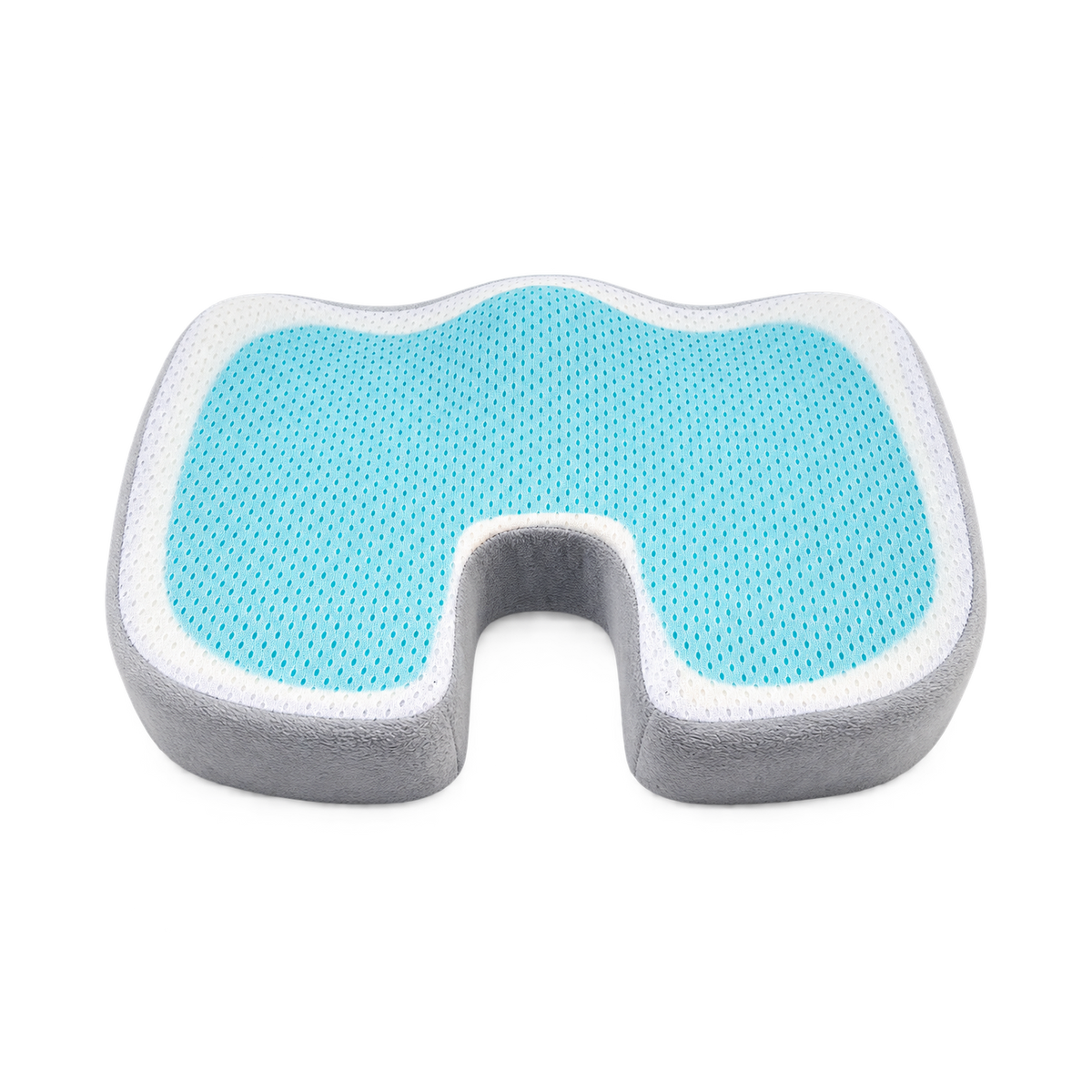 Aveland Coccyx Seat Cushion — grey, white and aqua gel-foam tailbone cushion, three-quarter view (product card composition)