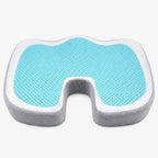 Coccyx Seat Cushion — full product, grey cover with a white mesh and aqua gel top and a deep U-shaped cut-out at the back