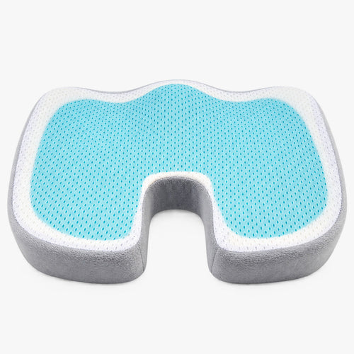 Coccyx Seat Cushion — full product, grey cover with a white mesh and aqua gel top and a deep U-shaped cut-out at the back