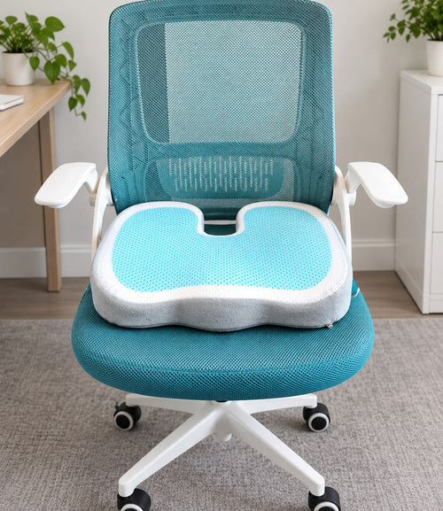 The Coccyx Seat Cushion on an office chair in a home-office setting, cut-out toward the seat back