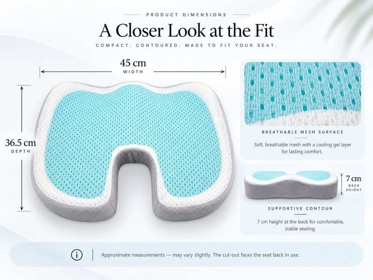Dimensions and fit: width 45 cm, depth 36.5 cm, 7 cm height at the back. Approximate measurements. The cut-out faces the seat back in use.