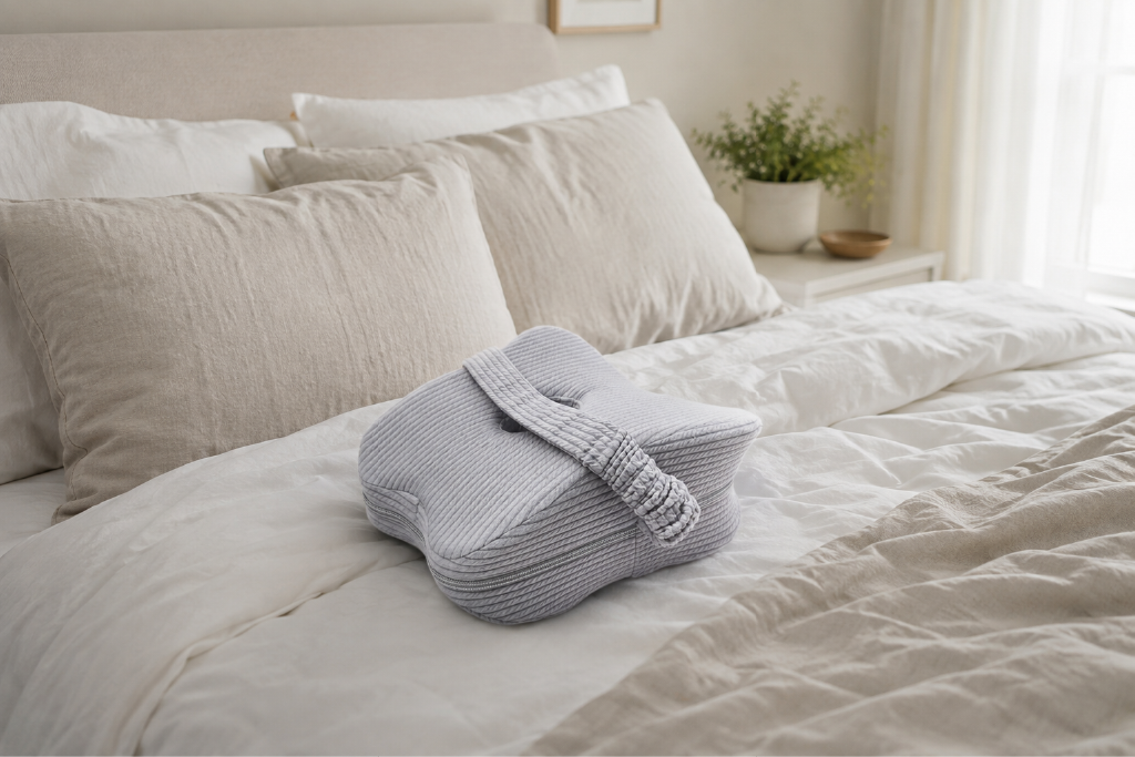 Butterfly Knee Pillow resting on a neatly made bed in a calm, light bedroom