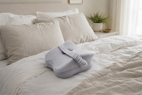 Butterfly Knee Pillow resting on a neatly made bed in a calm, light bedroom
