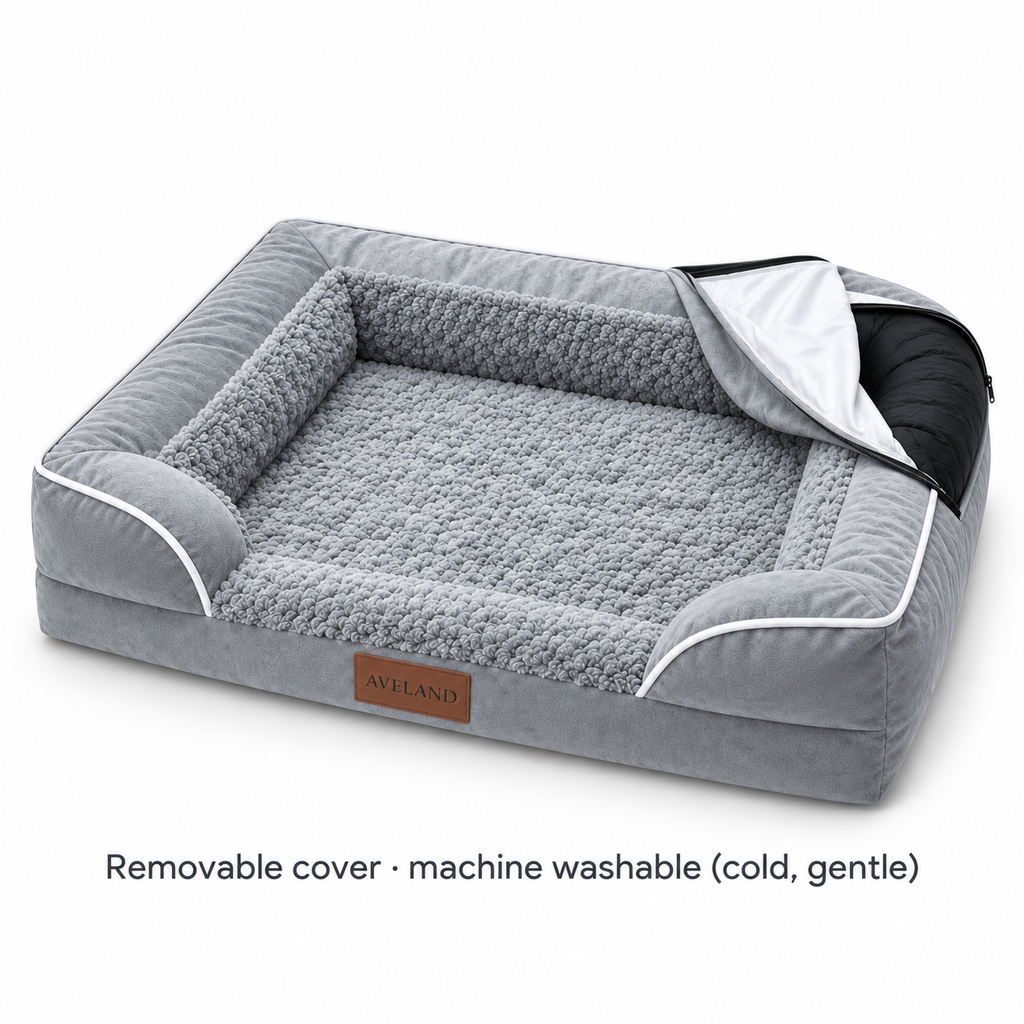 Aveland bolster dog bed with removable cover opened from the rear