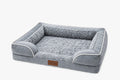 Aveland Bolster Dog Bed in grey — three-sided bolster sofa style with a plush sleeping surface, white piping and a low open front