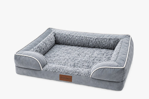 Aveland Bolster Dog Bed in grey — three-sided bolster sofa style with a plush sleeping surface, white piping and a low open front