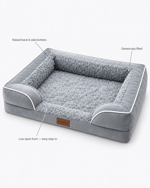 The dog bed's continuous wrap-around bolster and low open front for easy step-in